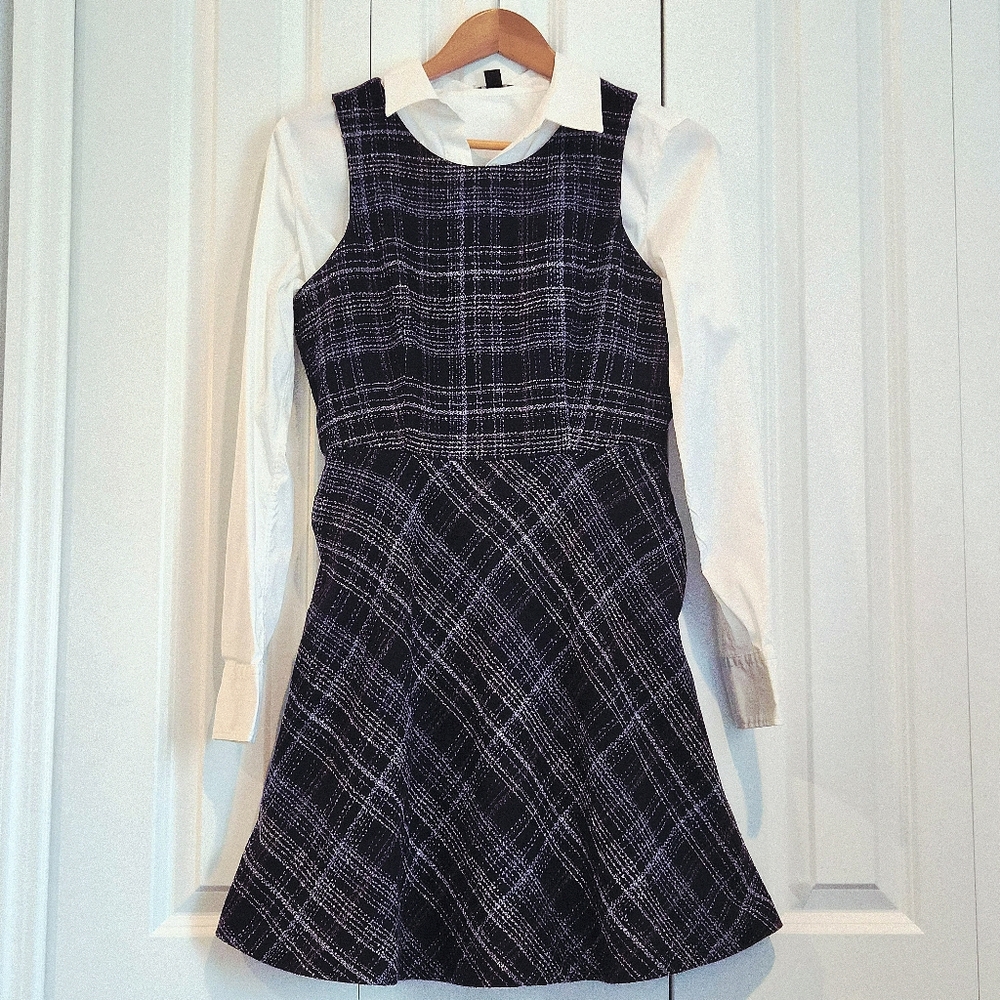 Banana Republic Plaid Tweed Jumper Dress Lined Dark Academia A-Line Womens 2